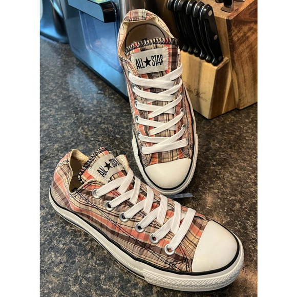 Converse All Star Chuck Taylor Brown Peach Plaid Lo Top Sneakers Shoes - Picture 1 of 9